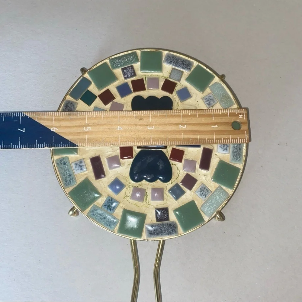 Vintage Trivet Micro Mosaic Tile Hearts Mid-Century Metal Frame Handle Handmade